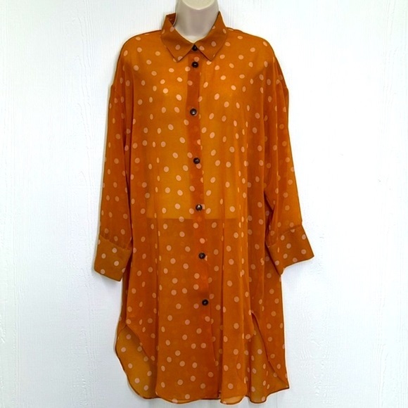 Zara - Polkadot Cream And Orange Button Down Long Chiffon Top Size Medium - Picture 2 of 13